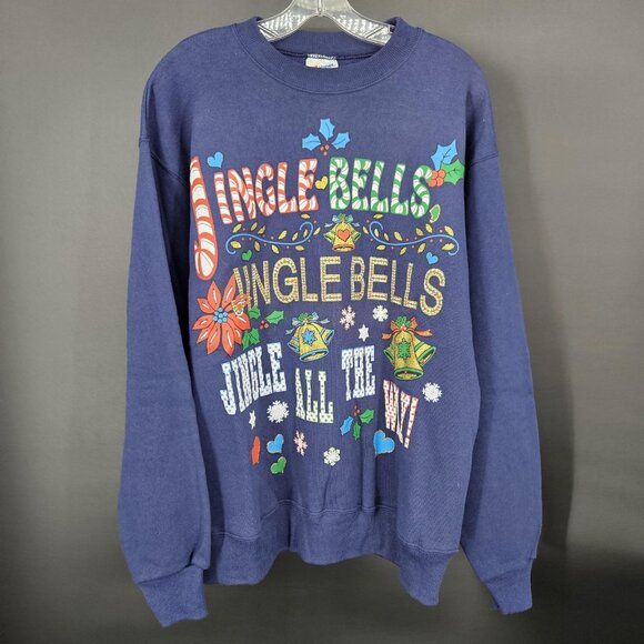 Hanes Sweatshirt Mens Large Blue Christmas Jingle Bells Glitter Graphic Pullover - Picture 2 of 9